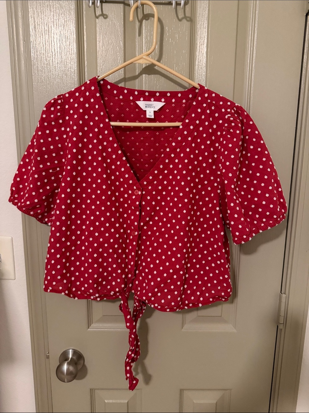 Market & Spruce Red Polka Dot Tie-Front Crop Top